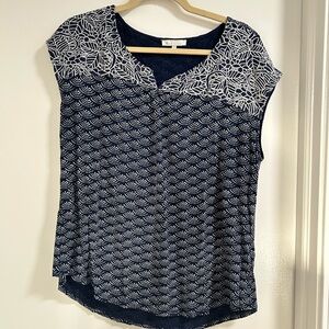 Skies Are Blue Navy and White Blouse with Floral Accents